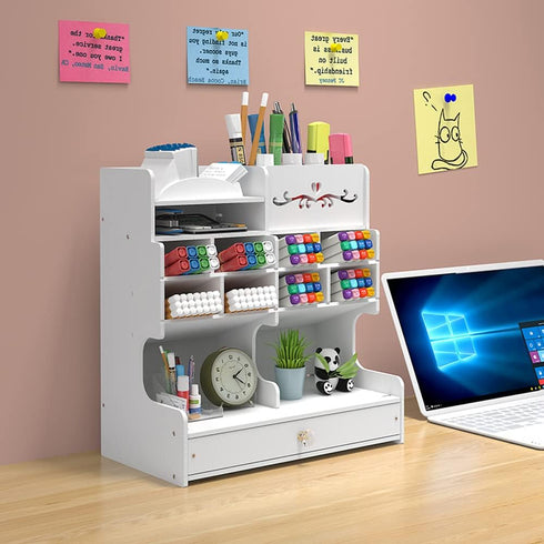 White Pen Organizer with Drawer, DIY Pencil Holder Desk Tidy Caddy for Home, Office, and School (PB18-1-White)