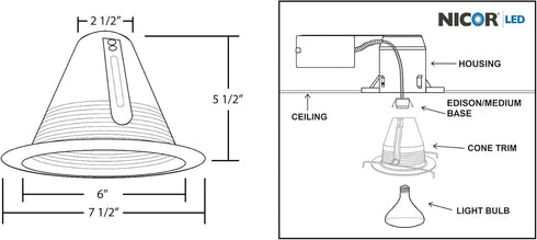 6 inch 6 inch (17550AWL) NICOR Lighting White Wet Location Rated Cone Baffle Trim, Fits Housings