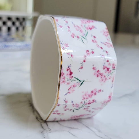 Ceramic Paper Clip Holder with Gold Line, Cute Floral Pattern Desk Organizer for Office Binder Clip Holder