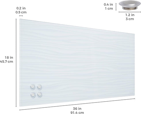 ECR4Kids MessageStor Magnetic Dry-Erase Glass Board, 18in x 36in, Wall-Mounted Whiteboard with White Waves