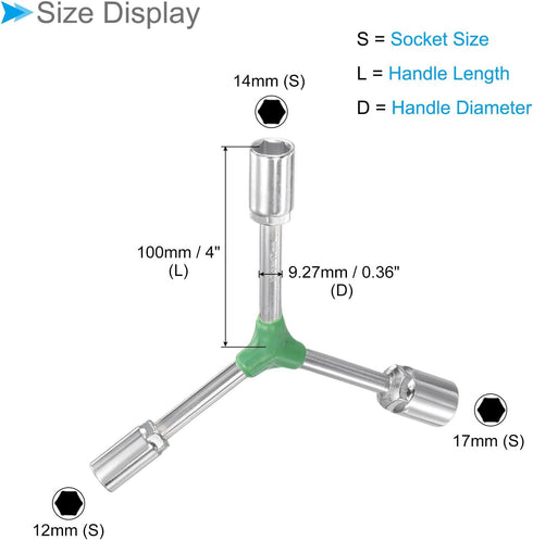 Y-Shaped 3 Way Socket Wrench, 12mm 14mm 17mm, 4-inch Length, CR-V Hex Spanner Repair Tool, 1-Piece