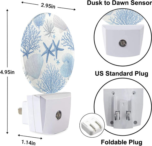 Olikked 0.5W Plug-in Coastal Blue Seaside Pattern Night Light Starfish Shells and Coral Nightlight with Dusk to Dawn