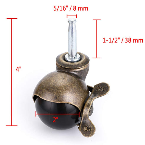 Skelang 2" Pack 4 5/16" 1-1/2") Ball Caster, Grip Neck Stem Caster with Brake and Sockets, Vintage Antique Swivel