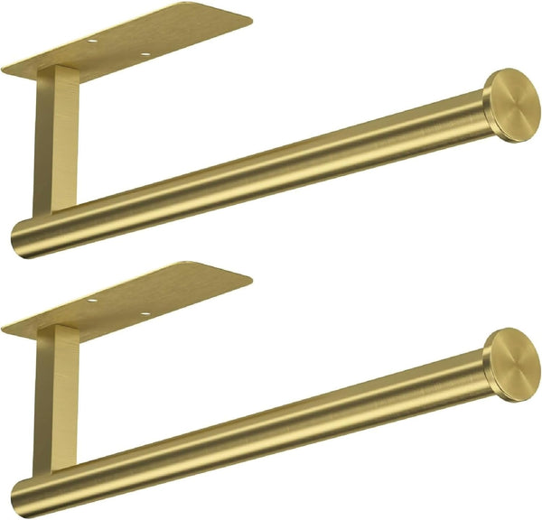 ASTOFLI Brushed Gold Paper Towel Holder, Wall Mount 2 Pack, Self Adhesive Under Cabinet No Drilling Kitchen Decor