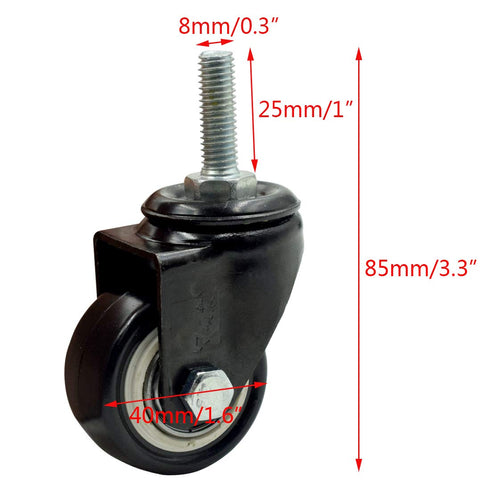 Hxchen 4Pcs 1.5 Inch Heavy Duty Caster Wheels Swivel Casters with M8 Threaded Stem (Without Brake), Loading 50kg/110lbs Black Rubber