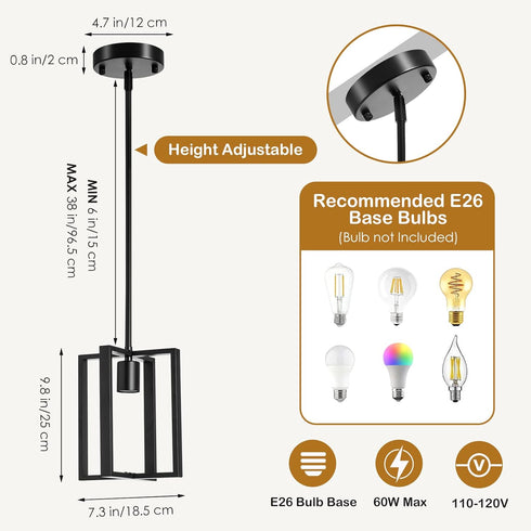 1-Light Pendant Light, Adjustable Height Farmhouse Pendant Light Fixtures, Black Hanging Light Fixture for Flat&Sloped