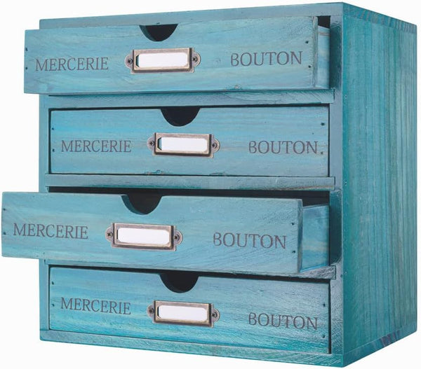 Wooden Storage Box with 4 Drawers, Vintage Office Supplies Organizer, Rustic Jewelry Box (BLUE)
