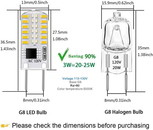 Dimmable G8 LED Bulbs Daylight White 6000K 3W Equivalent to T4 Bi-Pin Base 120V 20W-25W Halogen Bulbs for Under Cabinet Light, Under Counter Kitchen Lighting (12-Pack) by Gaormii