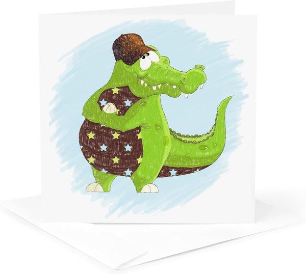 Greeting Card - Green and Brown Alligator with Blue and Stars in