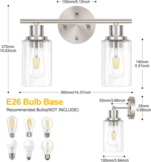 Apenath 2-Light Wall Sconce Light Fixtures, Brushed Nickel Finish Wall Light with Clear Glass Shade, Modern Vanity