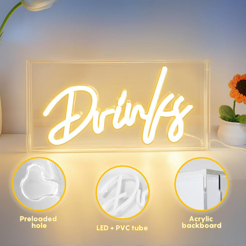 Drinks Neon Sign, Drinks Signs USB LED Desk Lightbox with ON/OFF Switch, Light Up Sign for Table Decor, Home Bar