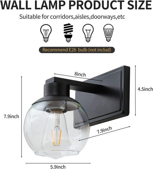 Set 2, Set E26 Bathroom Sconces of Black Wall Sconces of Two, Bathroom Vanity Light with Clear Glass Shade, Modern Wall