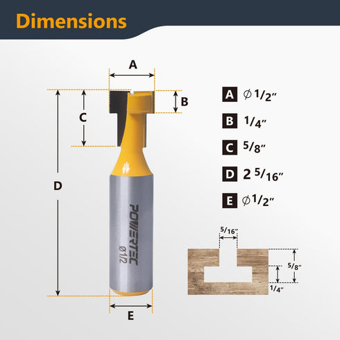 1/2" 1/2" 1/4" (73067) POWERTEC T Track Router Bit, Tungsten Carbide Tipped Router Bit, Shank, Dia., Slatwall