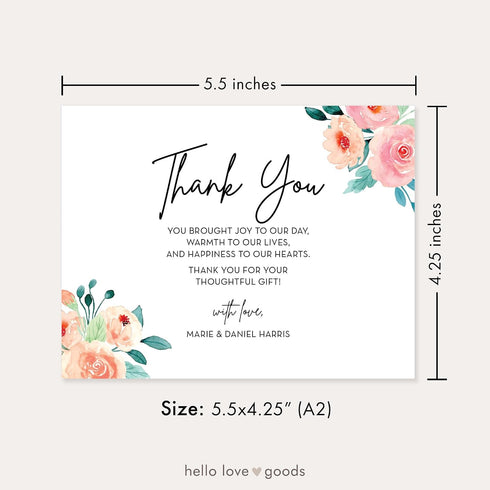 5.5x4.25 Personalized Wedding Thank You Cards with Message, Modern Flat Thank You Note Cards with Peach and Pink Floral