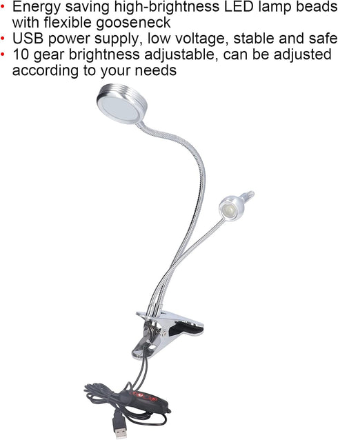 Zerodis Dimmable LED Desk Lamp, Adjustable USB Clip Desk Lamp with 10 Gear Double Head for Bedroom Reading