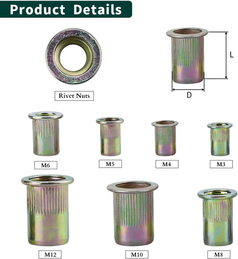 EASTLO M5 Metric Rivet Nuts, 100 Pcs, Carbon Steel Flat Head Threaded Inserts for Metal, Yellow Zinc Plated