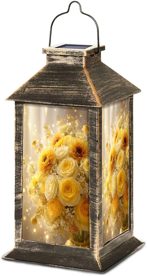 RAINFALLARING Solar Lantern Elegant Yellow White Rose Bouquet Sunflowers Glitter Accents Outdoor Waterproof