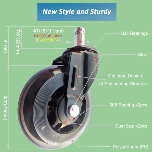 Office Chair Caster, Soft Wear-Resistant Replacement Wheels, Supports 650 LBS, Smoothly Rolls on Hardwood