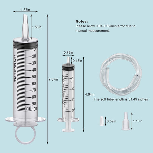 3Pack 100ML Large Syringe and 2Pack 20ML Plastic Syringes with Tip Adapter, Sterile Measurement Tools for Science Labs