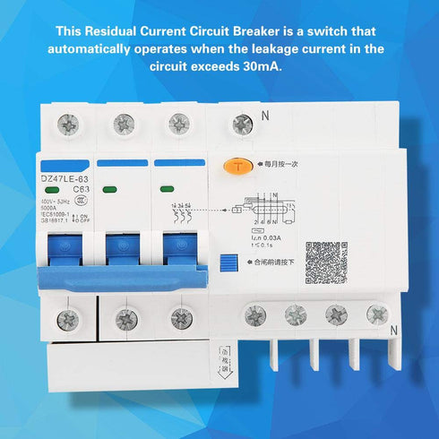 YWBL-WH DZ47LE-63 Current Circuit Breaker 230V 63A 30mA 3P+N C63 RCCB Leakage Overload Short Circuit Breaker