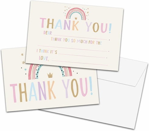 Chuxvon Kids Thank You Cards Fill in the Blank, Boho Rainbow Thank You