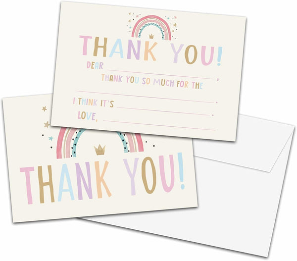Chuxvon Kids Thank You Cards Fill in the Blank, Boho Rainbow Thank You