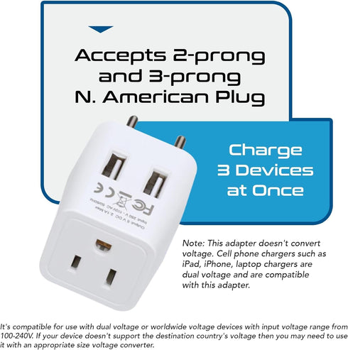 Ceptics European, Egypt Travel Adapter Plug with Dual USB - Type C - 2 Pack - Light Weight for Cell Phones, Chargers,