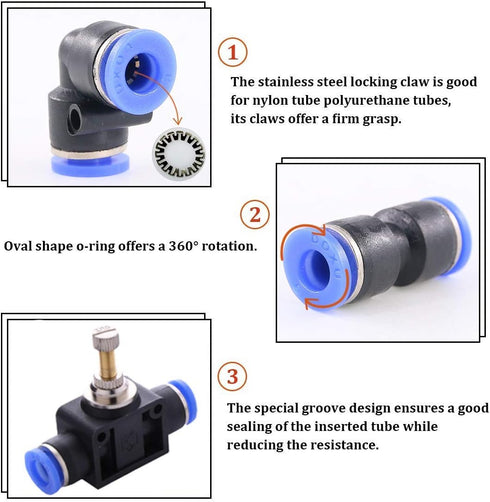 Air Push Quick Fittings, 10Pcs Pneumatic Connectors Push to Connect Fittings Kit, 5/16" 8mm OD Quick Release