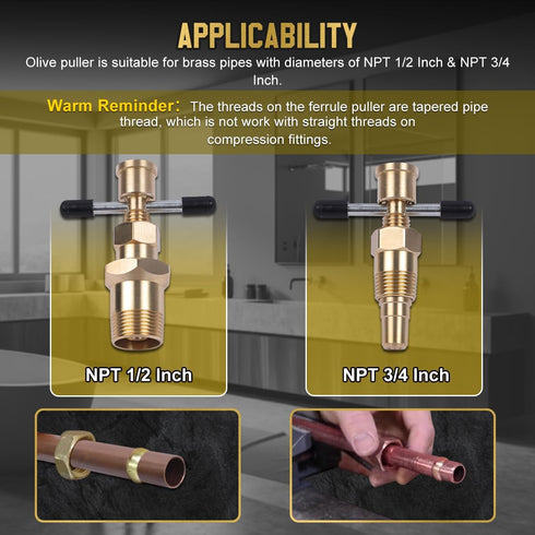 Olive Puller Not Damage The Pipe, Corrosion-Resistant Compression Ring Removal Tool for Brass Pipes NPT 1/2" & NPT 3/4"