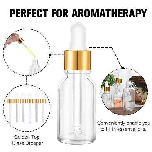 PrettyCare Eye Dropper Bottle 0.5 oz, 24 Pack Clear Glass Bottles with Golden Caps for Essential Oils