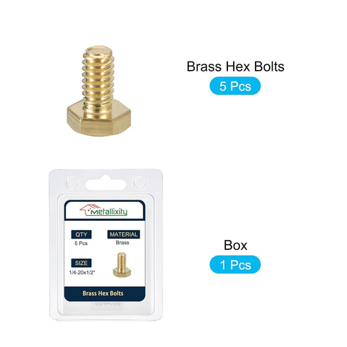 Hex Head Screw Bolt 5Pcs (1/4-20x1/2"), Brass Fully Threaded Solid Hex Bolts for Machinery Repair