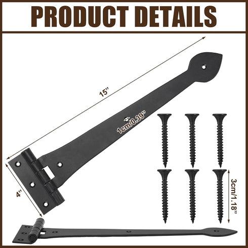 2 Pack 15 Inch Heavy-Duty T-Shape Strap Hinge with Screw Black Powder Coated Wrought Iron Spade Tip Strap Door Gate
