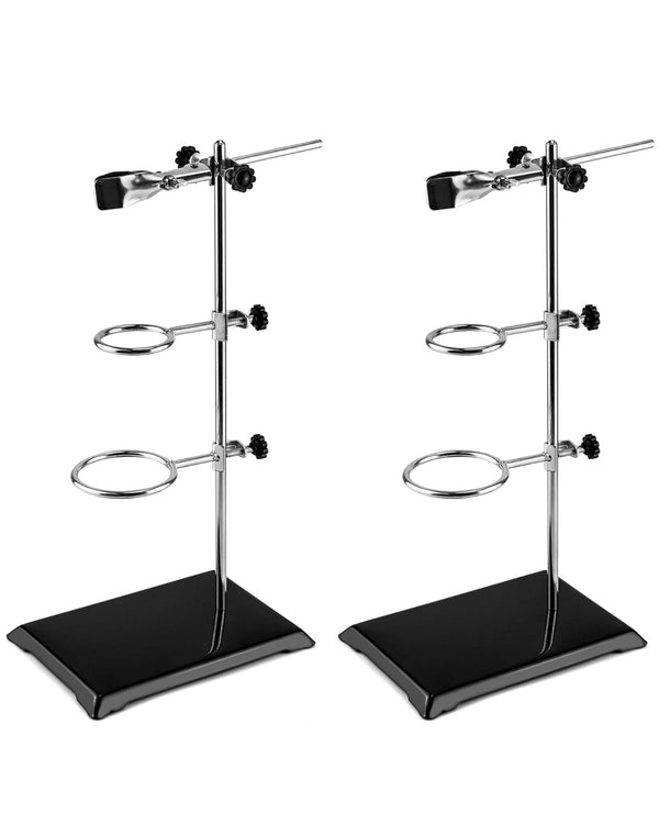 QWORK Chemistry Laboratory Stands Support Set, 2 Steel Lab Stands with Cast Iron Base, 16" L Rod with Burette Clamp and