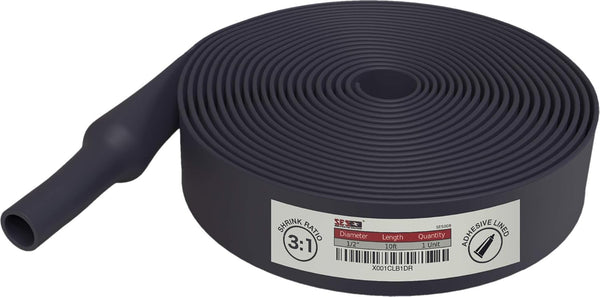 Dual Wall Adhesive Marine Heat Shrink - 10 Ft Roll, 1/2 Inch Diameter, Black