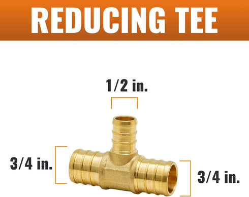 SUNGATOR 6-Pack 3/4" X 3/4" X 1/2" PEX Reducing Tee, No Lead Brass Crimp Fitting