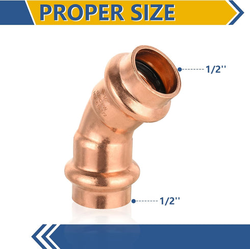 10-Pack Copper Press Elbow, GUOFIS, 1/2" x 1/2" 45° Elbow Fittings