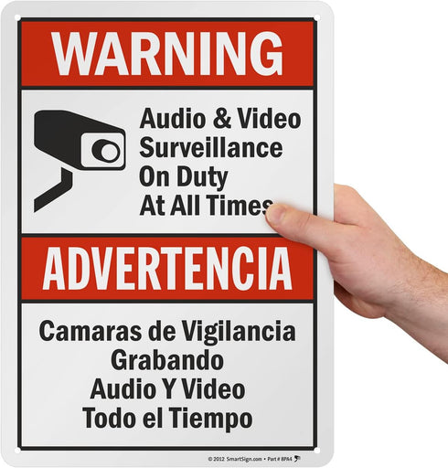 SmartSign-S-9392-AL-14 "Warning - Audio & Video Surveillance On Duty At All Times" Bilingual Sign | Aluminum 10" x 14"