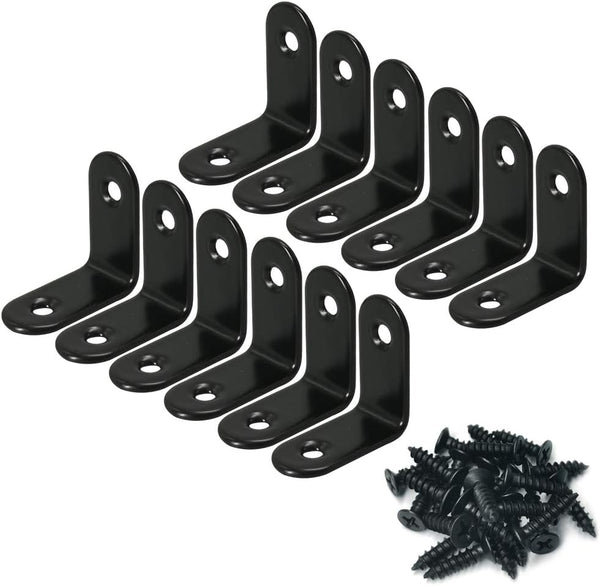 Corner Brace 30 x 30mm Stainless Steel Black Right Angle Bracket Fastener with Screws, 12 Pcs