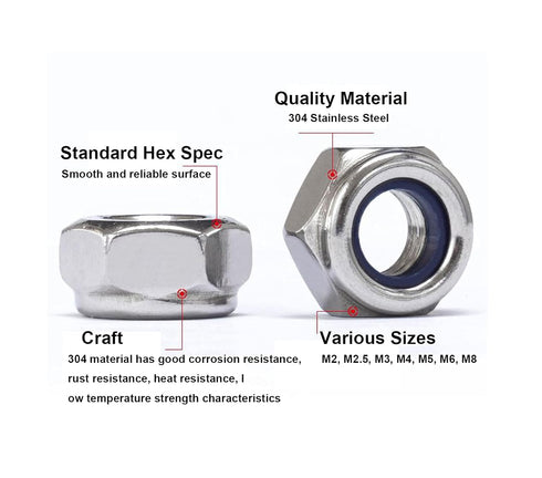 cSeao 60pcs M6 x 1.0mm Nylon Inserted Self Locking Nut, 304 Stainless Steel, Silver Tone