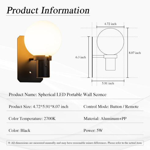 KSNALUX Set Dimmable 2700K Black LED Wall Sconces of Two Round Wall Lamp with Remote Cordless Lamp USB Rechargeable