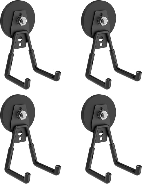 Heavy Duty Super Strong Magnetic Hooks (4-Pack) for Power Drill, Garden Tools, Hose, Straps, Steel Pegboard, Garage