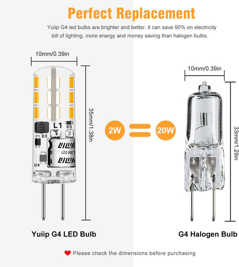 YUIIP G4 LED Bulb, 2W 10W 20W Halogen Replacement, AC/DC 12V G4 Bi-Pin Base, Warm White 3000K, 8 Pack