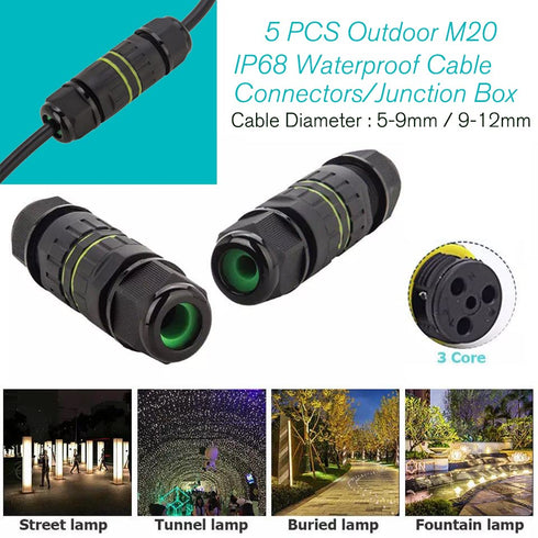 3 Pole Wire Connector Waterproof, IP68 External Electrical Junction Box, M20 for 5-12mm Wire Range (AC 450V, 24A), 2
