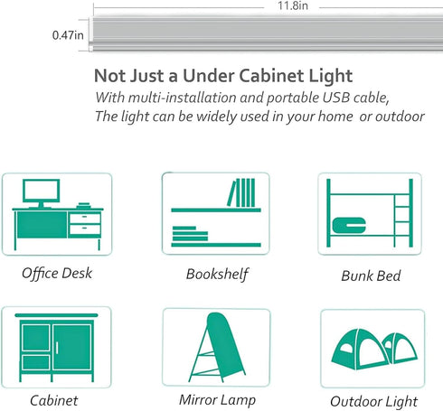 12 Inch 5000K Dimmable Counter ASOKO Under Cabinet Led Lighting, Light Strip Bar, Daylight White Plug in USB Light