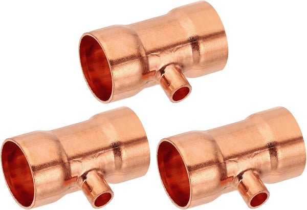 PATIKIL Reducing Tee Copper Fitting, 7/8" x 1/4" x 7/8" ID, 3pcs Pure Copper Pipe Tube Connector