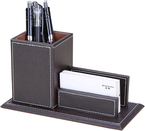 KINGFOM PU Leather Desk Organizer, Pencil Holder with Business Cards Stand, School Office Supplies Caddy - Brown