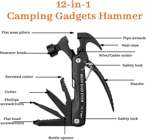 Unique Gifts for Fathers Day Men from Daughter Son Kids, All in One Multitool Hammer Survival Kit for Dad