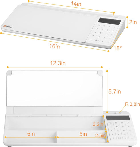 SELEAD Desktop Glass Whiteboard with Calculator & Built-in Mirror, Dry Erase White Board Computer Pad with Organizer