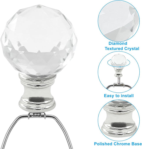 Rierdge 2 Pack 1-3/4 Inches 1/4-27 Crystal Lamp Finial Cap Knob - Elegant Diamond-Textured Glass Topper with Polished