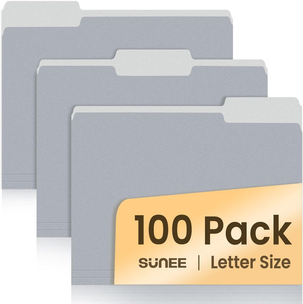 SUNEE Letter Size File Folders, 100 Pack Gray Manilla Folders 8.5 x 11 with 1/3-Cut Tabs for Office Home School